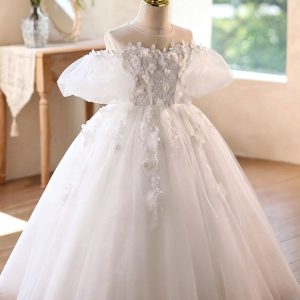 White 3D Floral Tulle Flower Girl Ball Gown with Puff Sleeves D370 - view 6