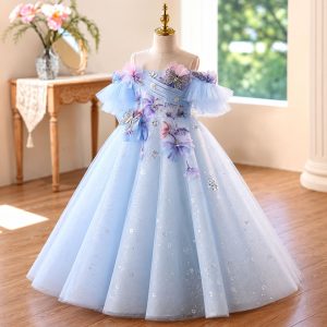 Blue 3D Floral Butterfly Flower Girl Ball Gown D371