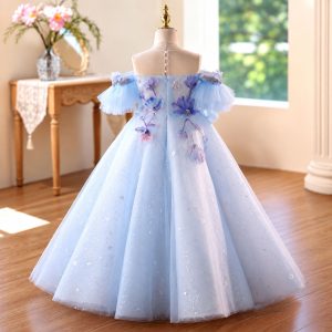 Blue 3D Floral Butterfly Flower Girl Ball Gown D371 - view 2