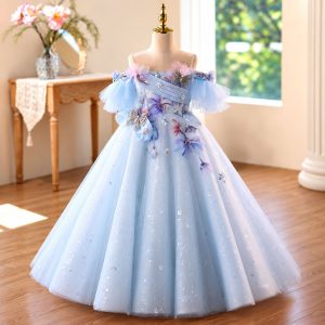 Blue 3D Floral Butterfly Flower Girl Ball Gown D371 - view 4