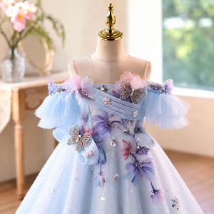 Blue 3D Floral Butterfly Flower Girl Ball Gown D371 - view 3