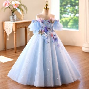Blue 3D Floral Butterfly Flower Girl Ball Gown D371 - view 5