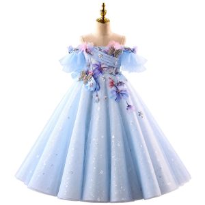 Blue 3D Floral Butterfly Flower Girl Ball Gown D371 - view 6