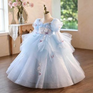 Blue Floral Tulle Flower Girl Dress with Puff Sleeves D372 - view 4