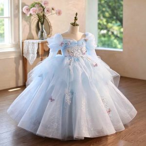 Blue Floral Tulle Flower Girl Dress with Puff Sleeves D372 - view 5