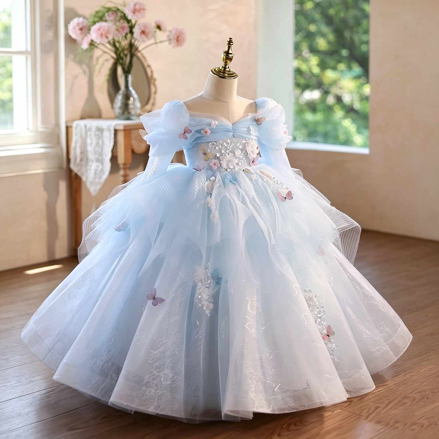 Blue Floral Tulle Flower Girl Dress with Puff Sleeves D372 - view 5