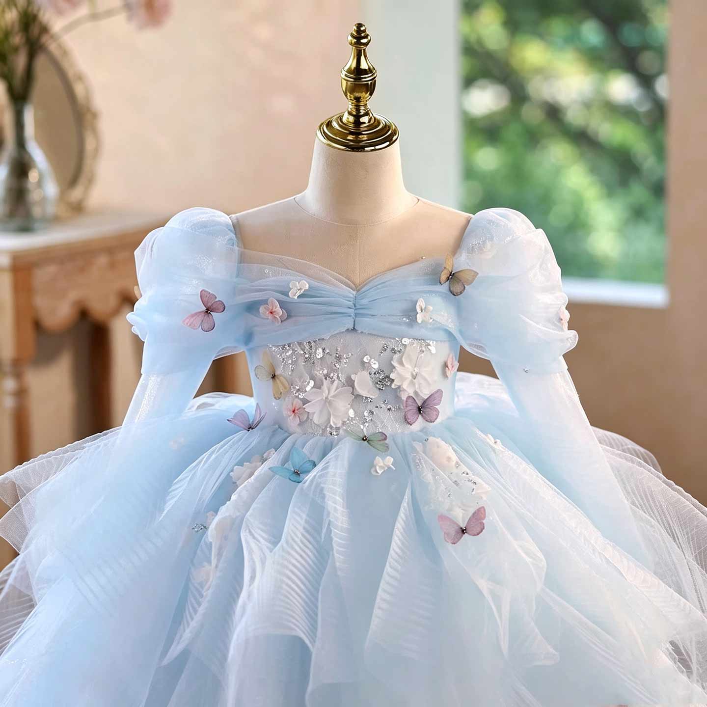 Blue Floral Tulle Flower Girl Dress with Puff Sleeves D372 - view 3