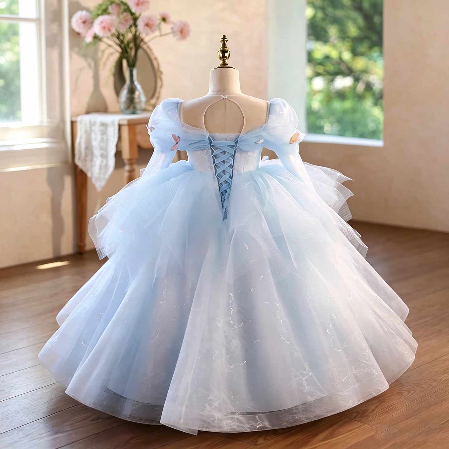 Blue Floral Tulle Flower Girl Dress with Puff Sleeves D372 - view 2