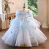 Blue Floral Tulle Flower Girl Dress with Puff Sleeves D372