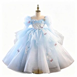 Blue Floral Tulle Flower Girl Dress with Puff Sleeves D372 - view 6