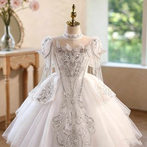 White Butterfly Beaded Tulle Flower Girl Ball Gown with Puff Sleeves D373 - view 3