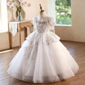 White Butterfly Beaded Tulle Flower Girl Ball Gown with Puff Sleeves D373 - view 4