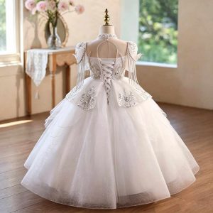 White Butterfly Beaded Tulle Flower Girl Ball Gown with Puff Sleeves D373 - view 2