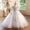 White Butterfly Beaded Tulle Flower Girl Ball Gown with Puff Sleeves D373