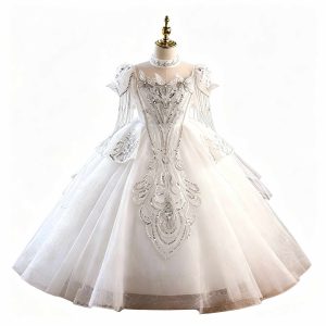 White Butterfly Beaded Tulle Flower Girl Ball Gown with Puff Sleeves D373 - view 5