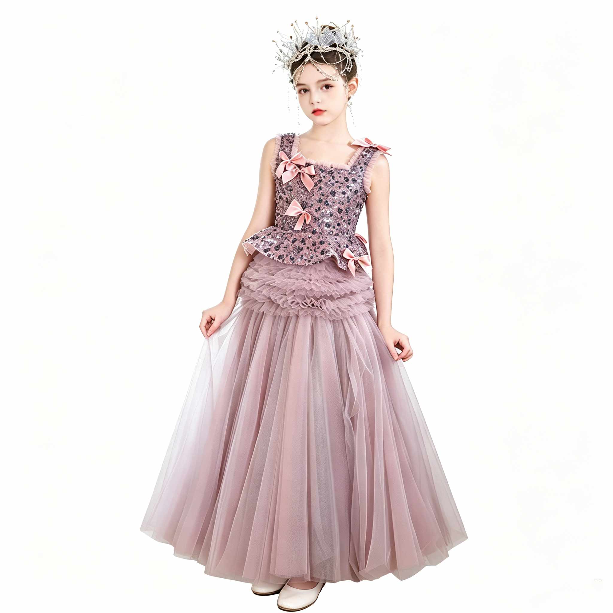 Dusty Pink Beaded Tulle Flower Girl Ball Gown with Bows J121 - view 8