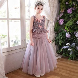 Dusty Pink Beaded Tulle Flower Girl Ball Gown with Bows J121 - view 3