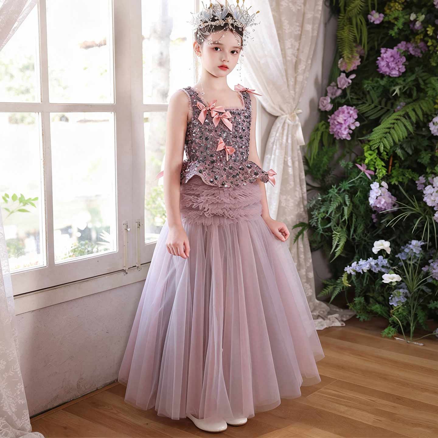 Dusty Pink Beaded Tulle Flower Girl Ball Gown with Bows J121 - view 3