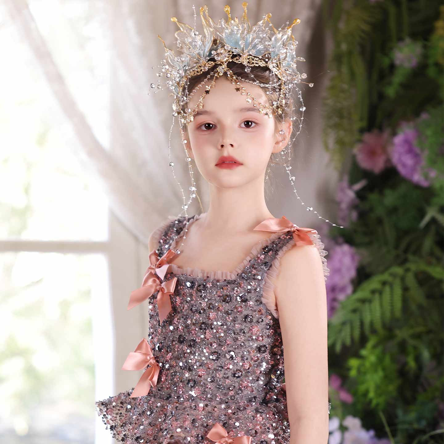 Dusty Pink Beaded Tulle Flower Girl Ball Gown with Bows J121 - view 4