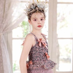 Dusty Pink Beaded Tulle Flower Girl Ball Gown with Bows J121 - view 5