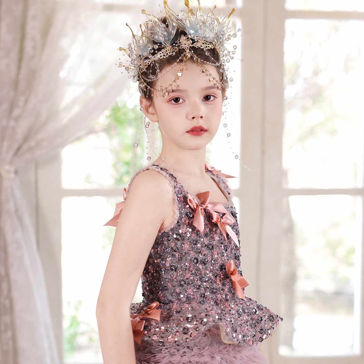 Dusty Pink Beaded Tulle Flower Girl Ball Gown with Bows J121 - view 5