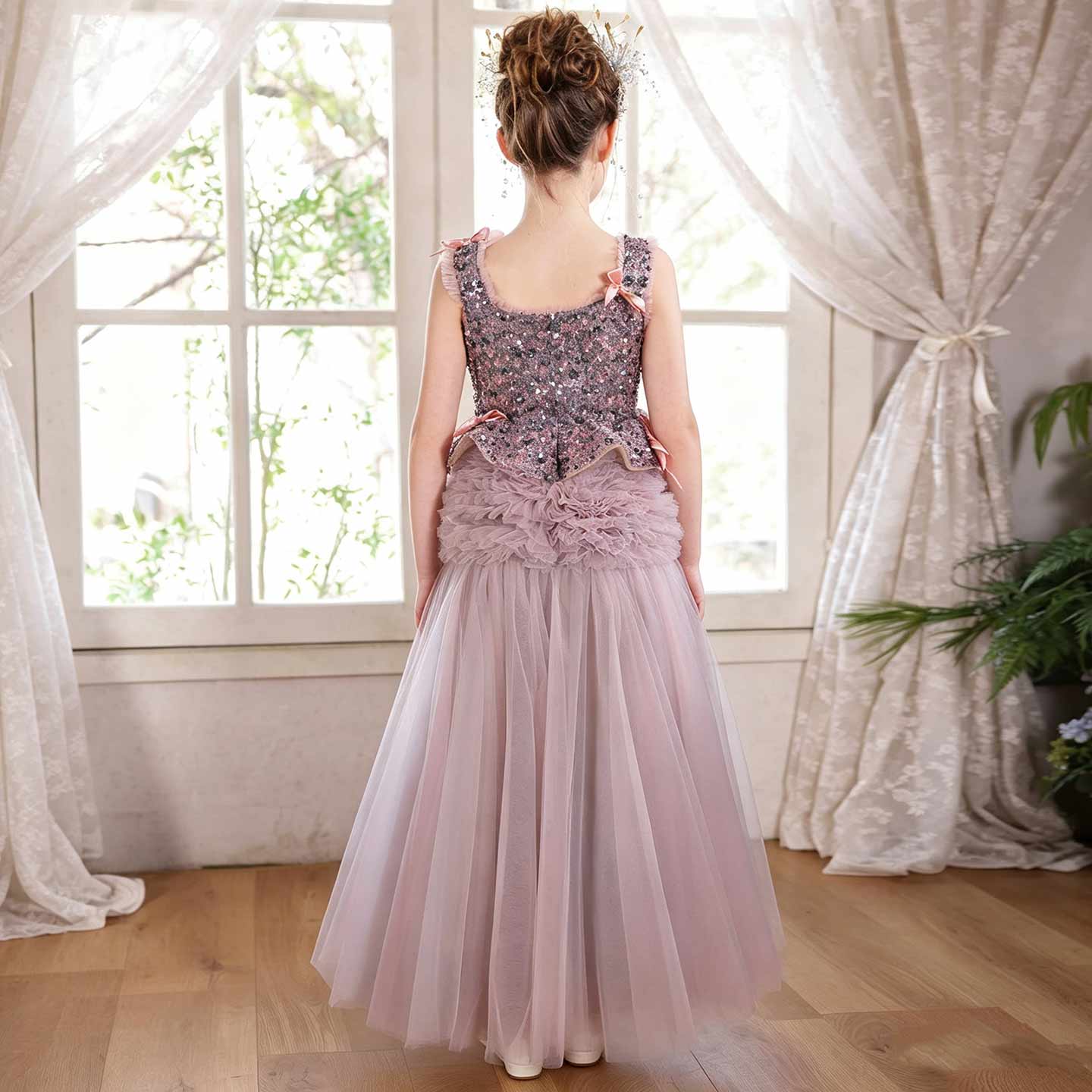 Dusty Pink Beaded Tulle Flower Girl Ball Gown with Bows J121 - view 2