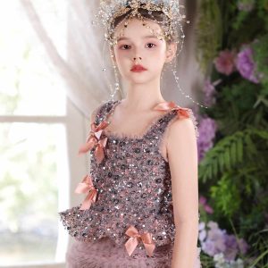 Dusty Pink Beaded Tulle Flower Girl Ball Gown with Bows J121 - view 6