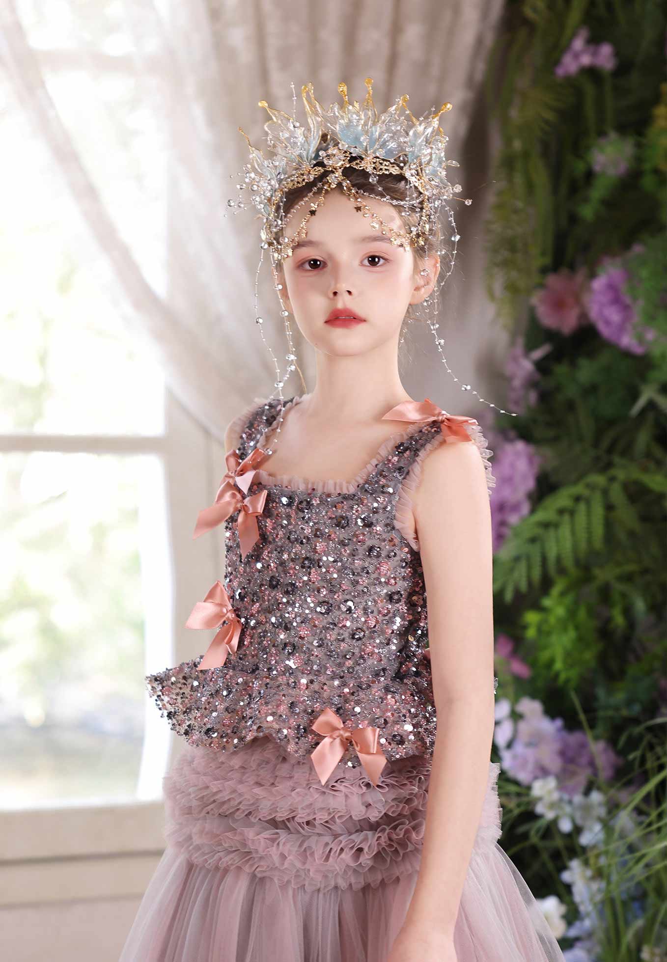 Dusty Pink Beaded Tulle Flower Girl Ball Gown with Bows J121 - view 6
