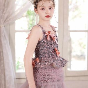 Dusty Pink Beaded Tulle Flower Girl Ball Gown with Bows J121 - view 7