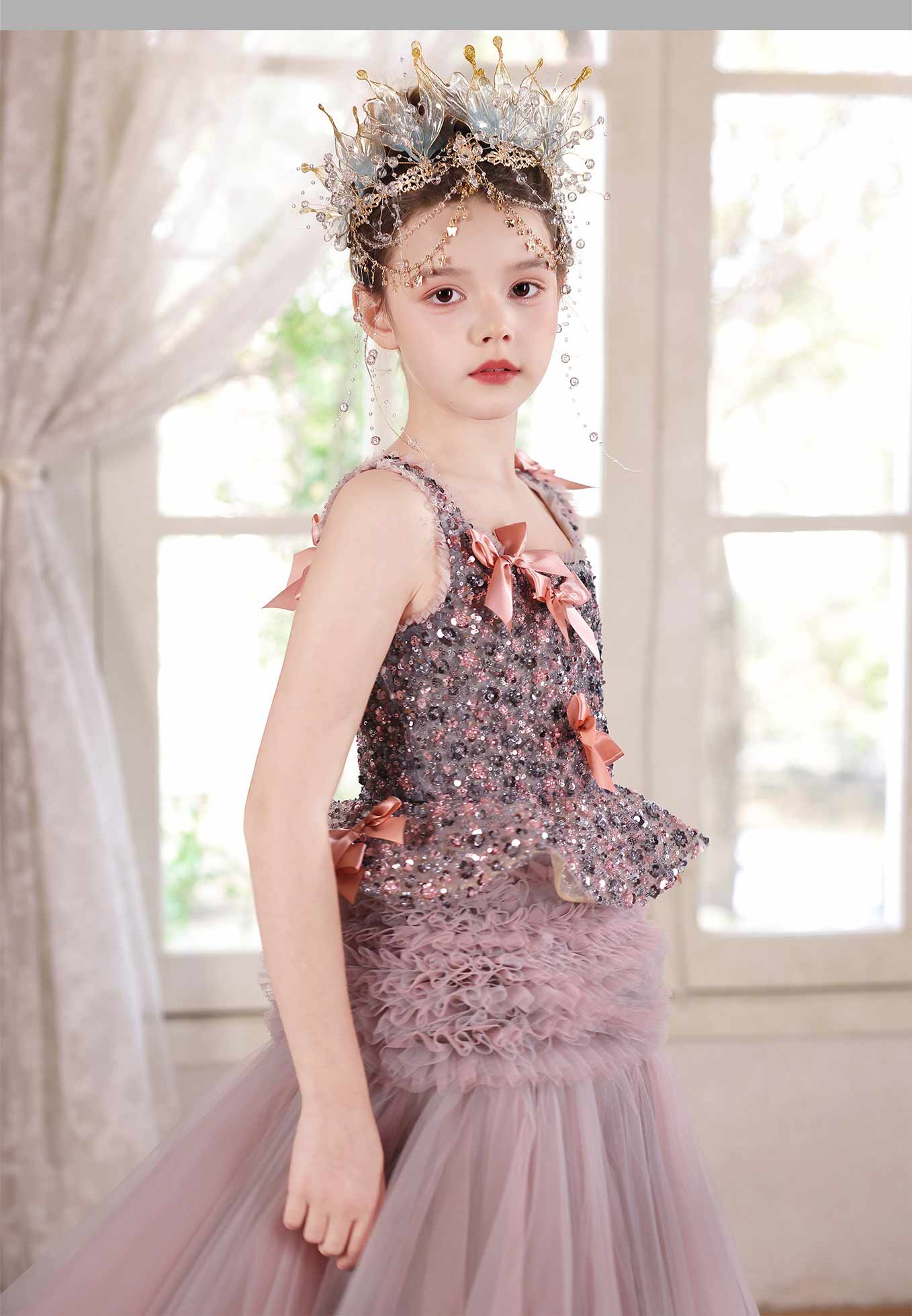 Dusty Pink Beaded Tulle Flower Girl Ball Gown with Bows J121 - view 7