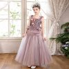 Dusty Pink Beaded Tulle Flower Girl Ball Gown with Bows J121