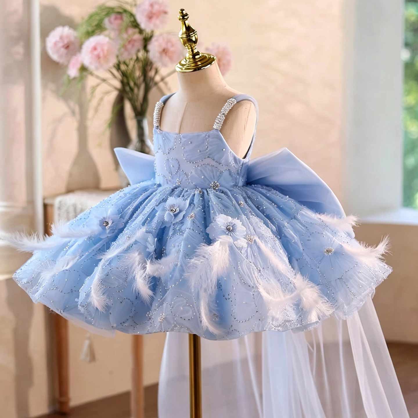 Blue Floral Feather Tulle Flower Girl Dress with Sheer Train J506 - view 3