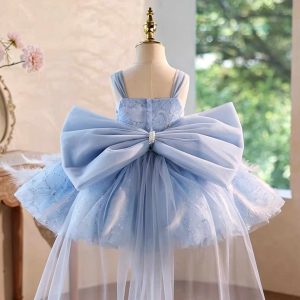 Blue Floral Feather Tulle Flower Girl Dress with Sheer Train J506 - view 2