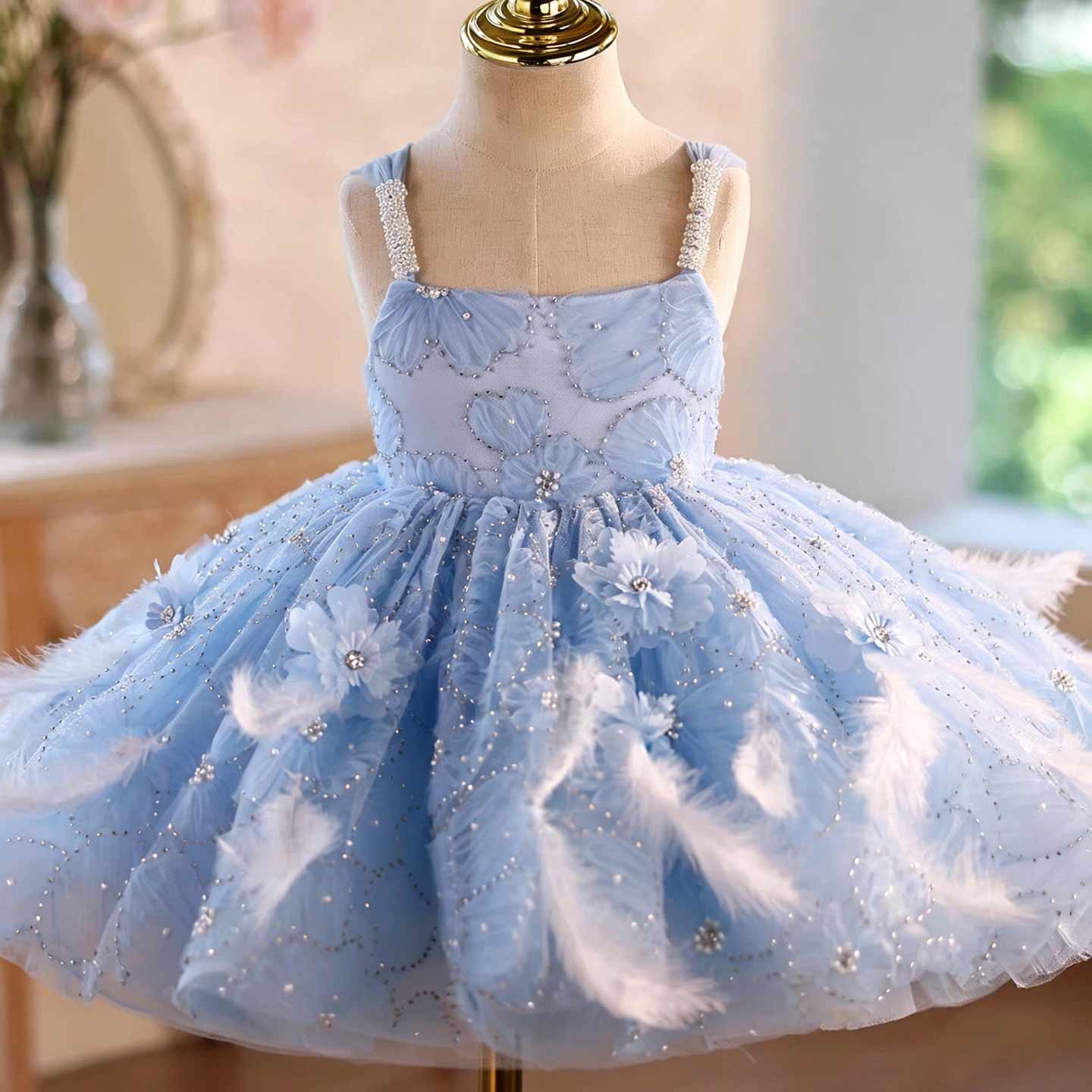 Blue Floral Feather Tulle Flower Girl Dress with Sheer Train J506 - view 4