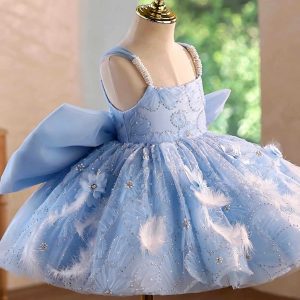 Blue Floral Feather Tulle Flower Girl Dress with Sheer Train J506 - view 5