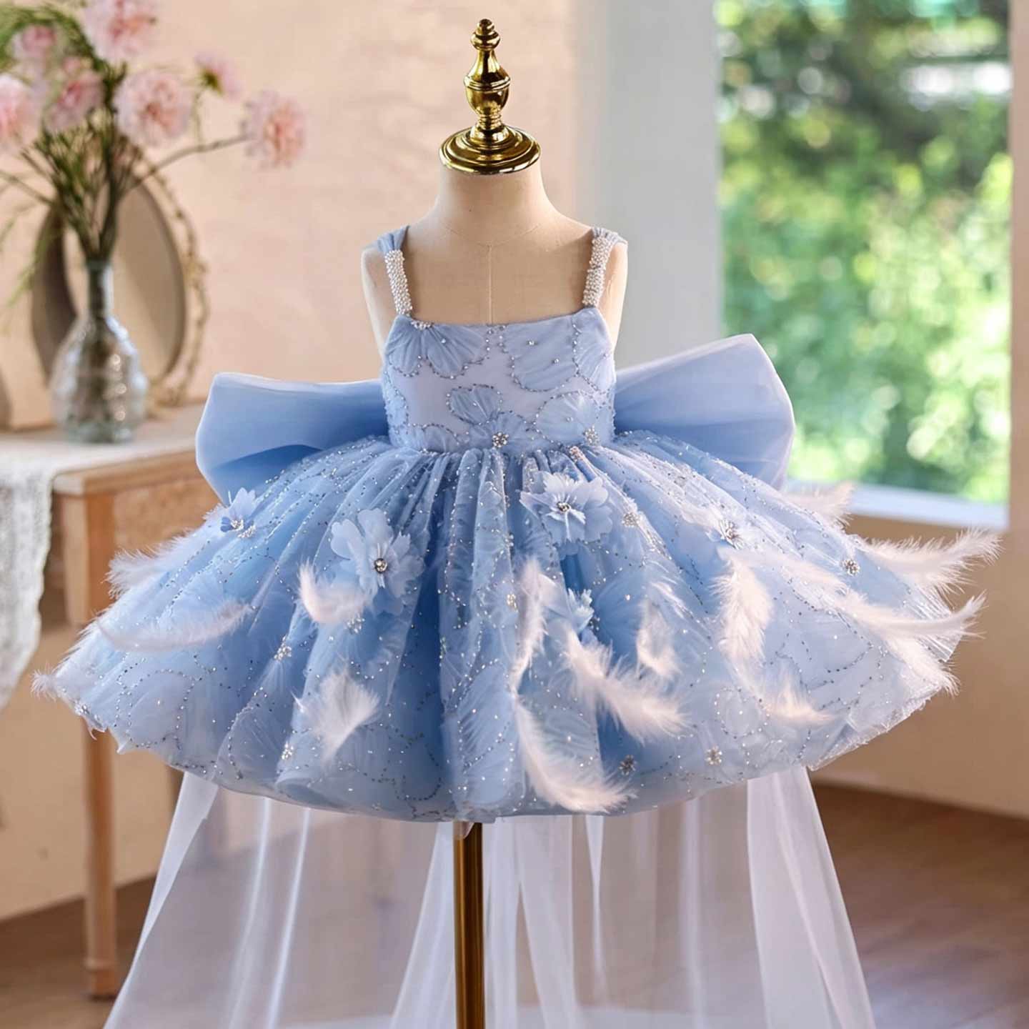 Blue Floral Feather Tulle Flower Girl Dress with Sheer Train J506 - view 6
