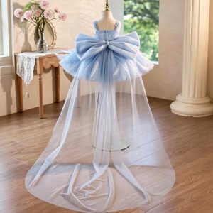 Blue Floral Feather Tulle Flower Girl Dress with Sheer Train J506 - view 7