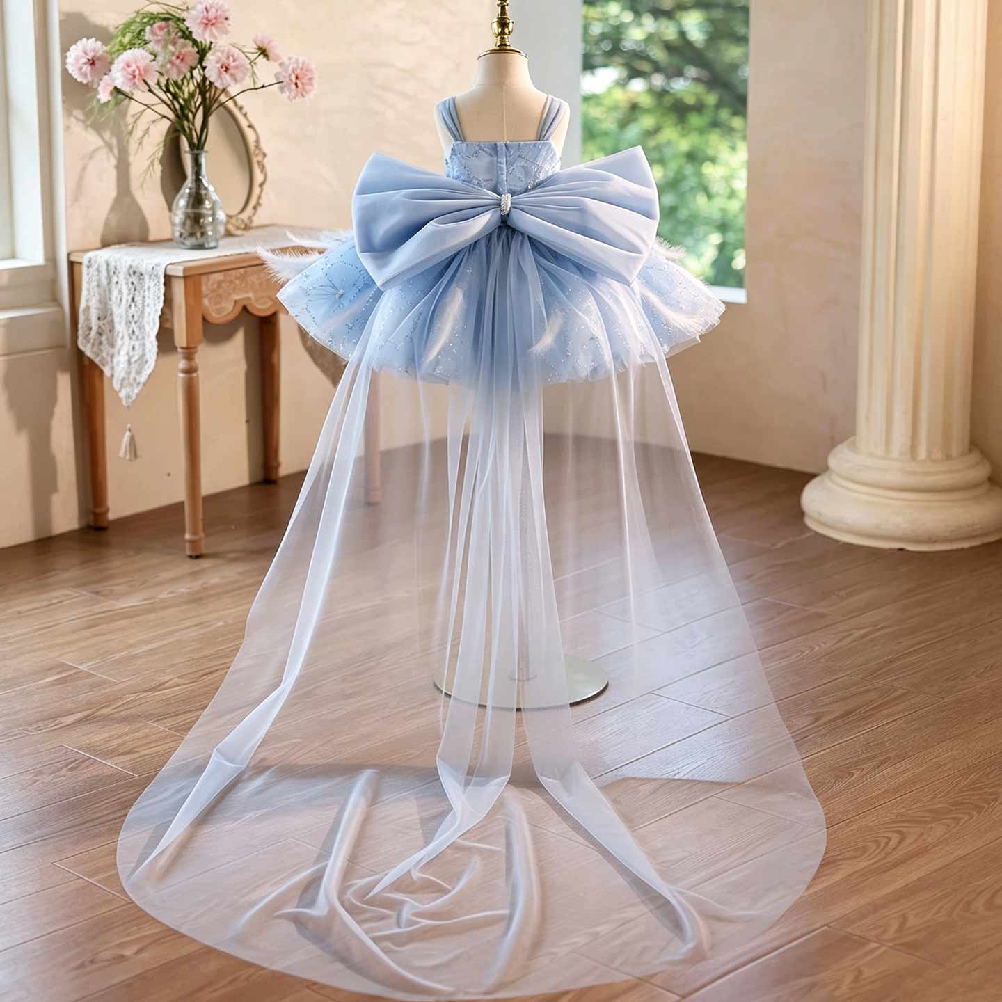 Blue Floral Feather Tulle Flower Girl Dress with Sheer Train J506 - view 7