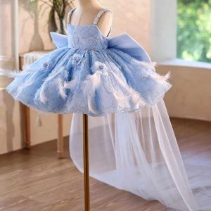 Blue Floral Feather Tulle Flower Girl Dress with Sheer Train J506 - view 8