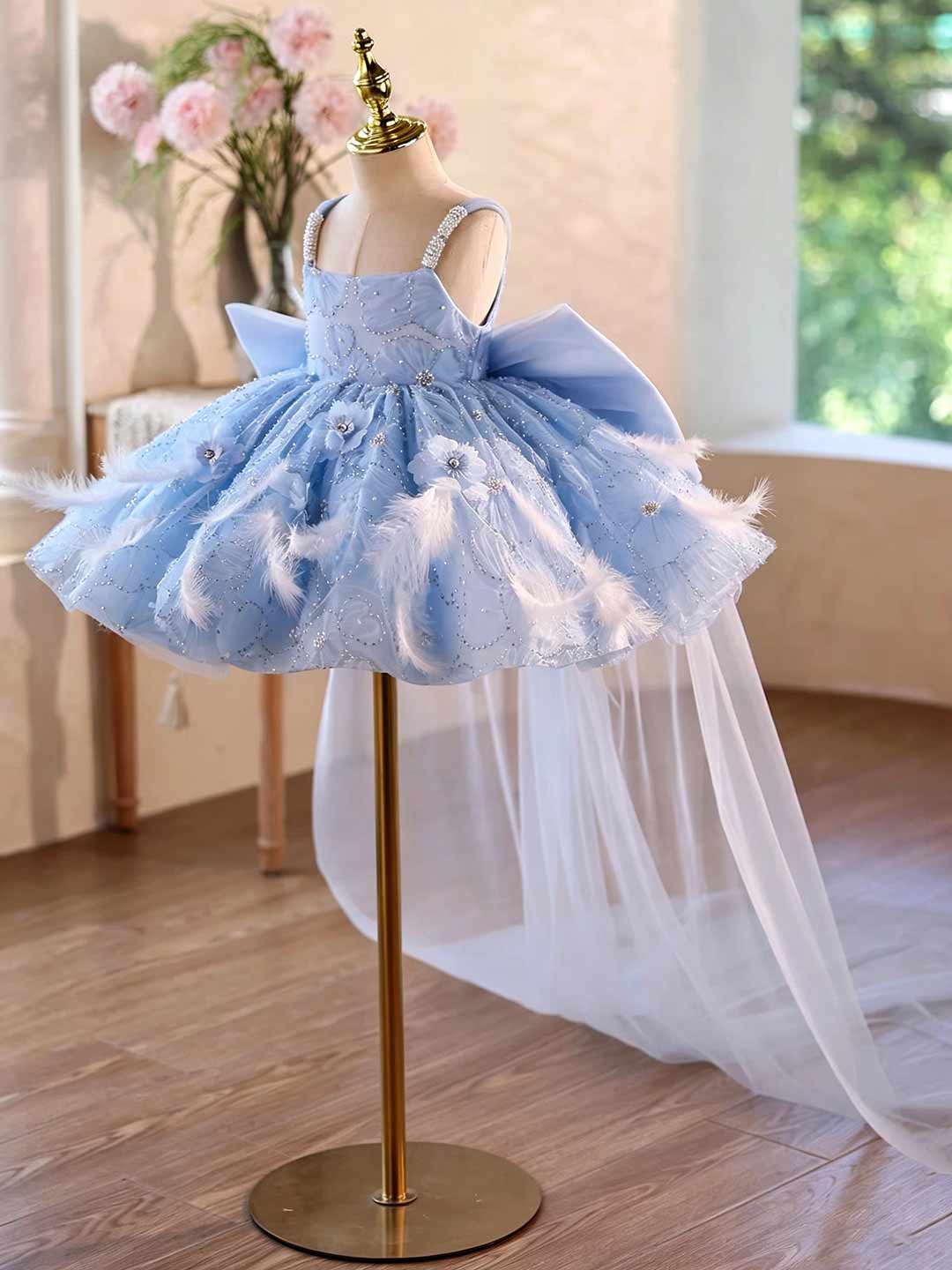 Blue Floral Feather Tulle Flower Girl Dress with Sheer Train J506 - view 8