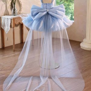 Blue Floral Feather Tulle Flower Girl Dress with Sheer Train J506 - view 9