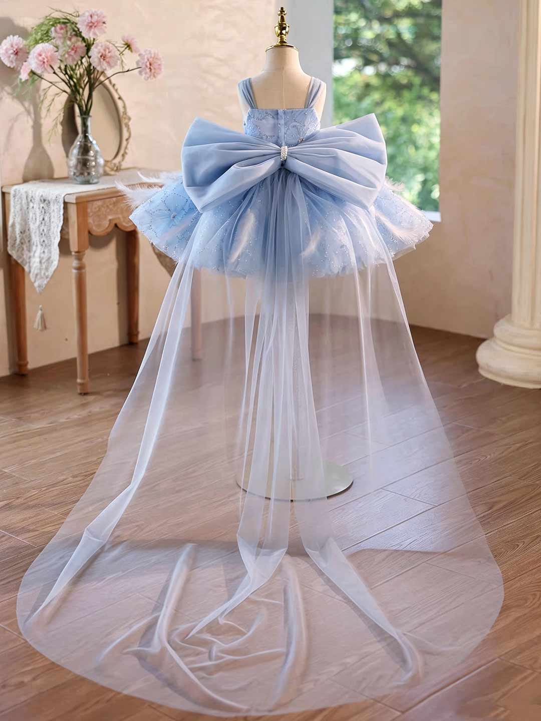 Blue Floral Feather Tulle Flower Girl Dress with Sheer Train J506 - view 9