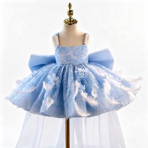 Blue Floral Feather Tulle Flower Girl Dress with Sheer Train J506 - view 10