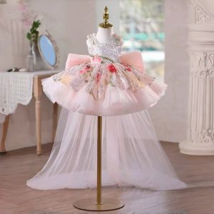 Sequin Floral Flower Girl Dress with Tulle Train J886 - view 12