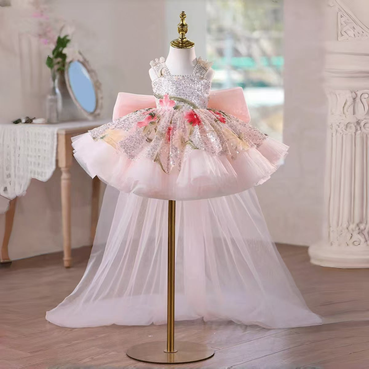 Sequin Floral Flower Girl Dress with Tulle Train J886 - view 12