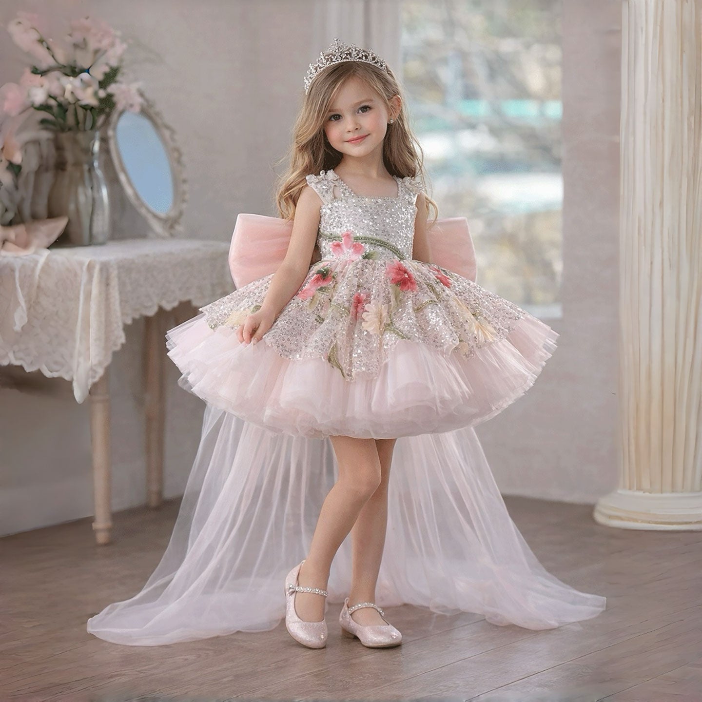 Sequin Floral Flower Girl Dress with Tulle Train J886 - view 20