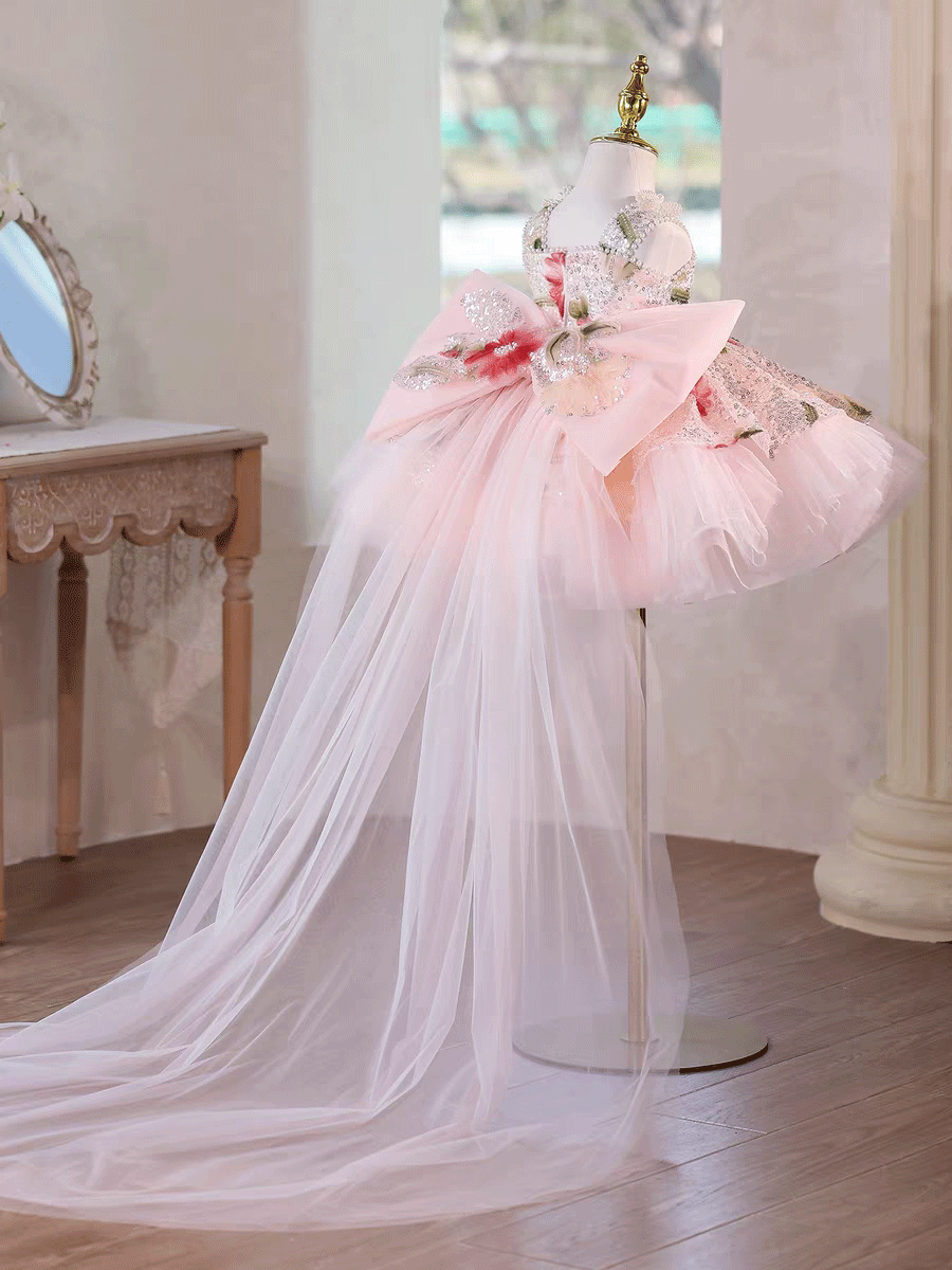 Sequin Floral Flower Girl Dress with Tulle Train J886 - view 19