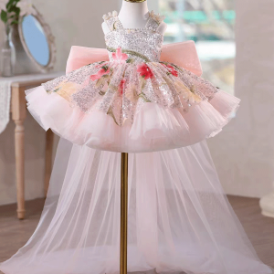 Sequin Floral Flower Girl Dress with Tulle Train J886 - view 18