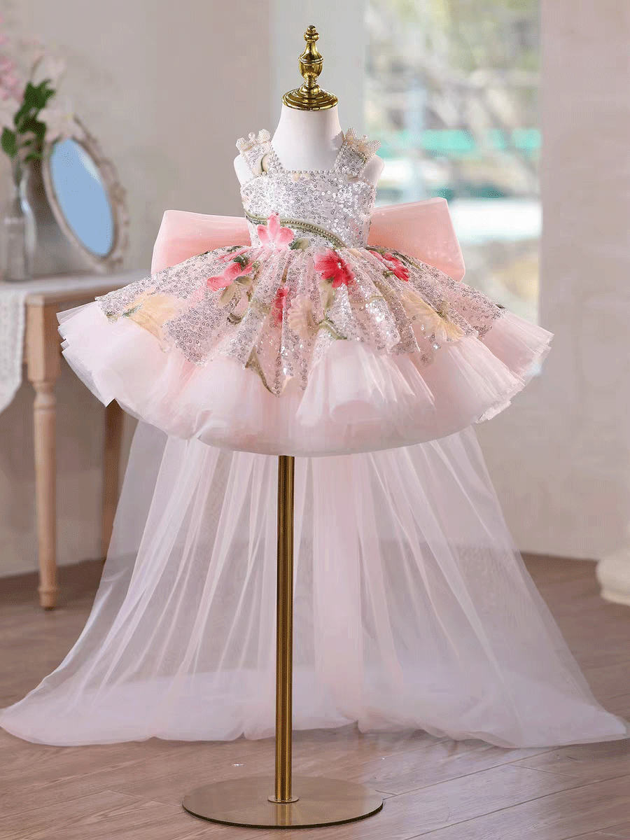 Sequin Floral Flower Girl Dress with Tulle Train J886 - view 18