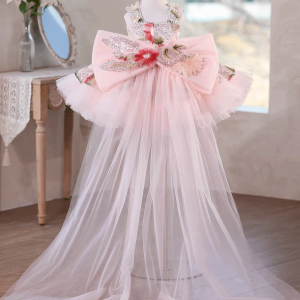 Sequin Floral Flower Girl Dress with Tulle Train J886 - view 16
